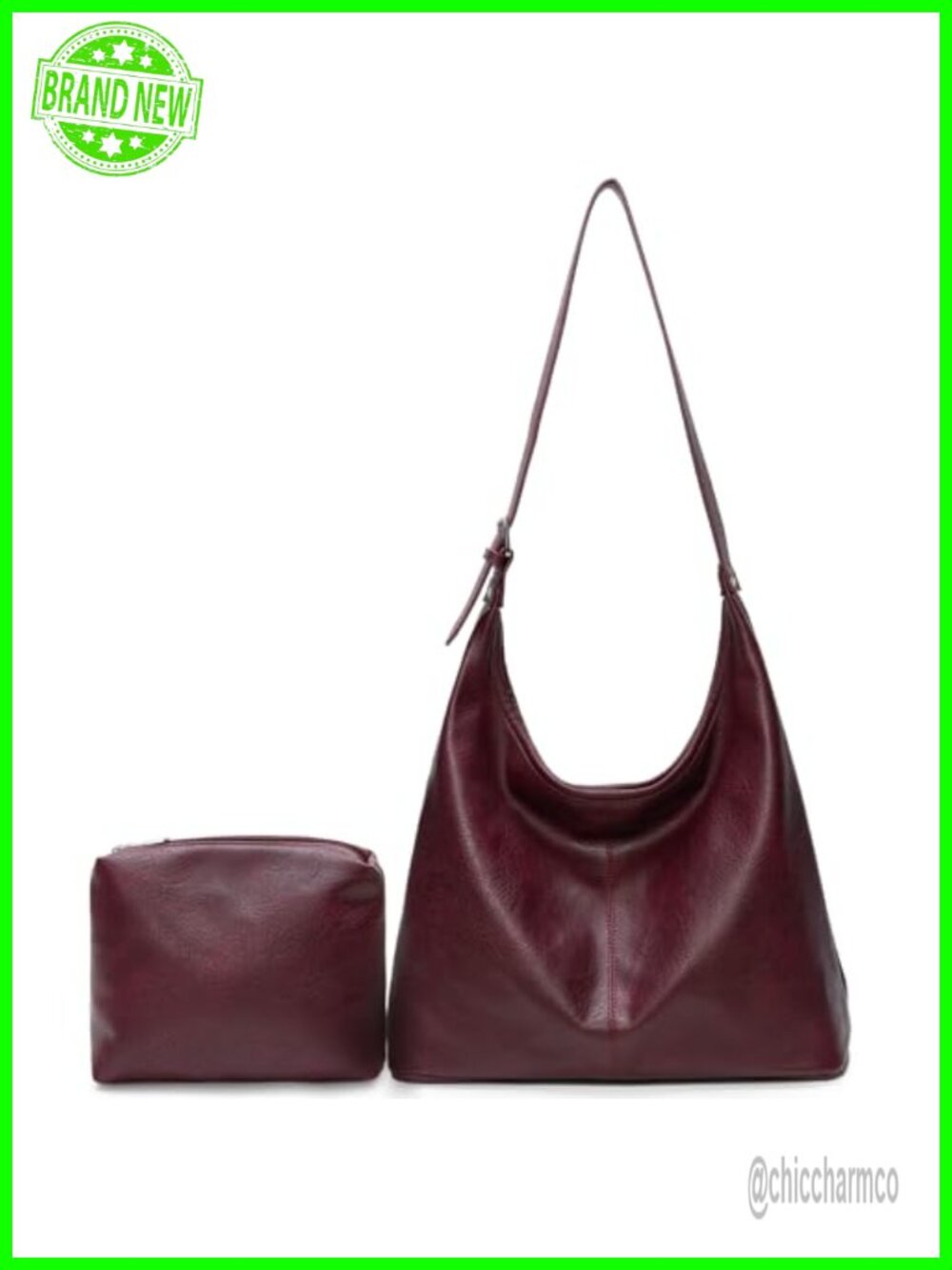 Vegan Leather Slouchy Hobo Shoulder Bag with Matching Pouch